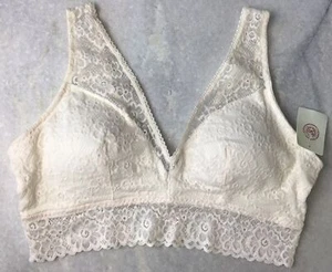 NWT So 2XL Pretty Floral Lace Plunge Padded Wireless Longline Bralette Ivory - Picture 1 of 8