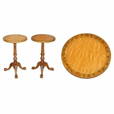 PAIR OF ANTIQUE VICTORIAN SHERATON CLAW & BALL SATINWOOD TRIPOD SIDE END TABLES - Image 1 of 4