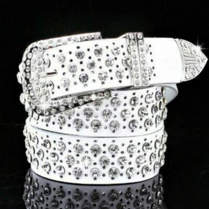 Echtleder Strass Gürtel Hohl Kristall Besetzt Bling Bund West - Bild 1 von 12