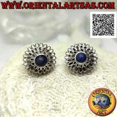 Orecchini Argento 925‰ "Peonia" (fiore dai mille petali) con lapislazzulo tondo  - Immagine 1 di 4