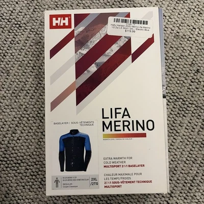 Top Capa Base Helly Hansen Lifa Merino 1/2 Cremallera Para Hombre 2XL Azul Eléctrico - Nuevo Foto 1 de 4