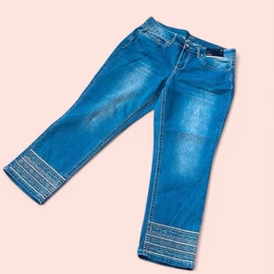 Boho Festival Mod Aztec A.N.A. Jeans Azul Crop Metálico Bordado Azul 12 NUEVO - Imagen 1 de 6