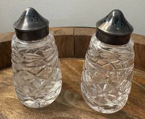 Heavy Crystal EPNS 4" Salt & Pepper Shakers Lids Etched VTG Antique Art Deco Set - Picture 1 of 9