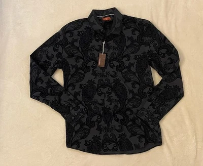 Consequence Black Velvet Embossed Paisley AOP Shirt Mens XL Club Night Out NWT - Image 1 of 4