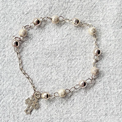 Sterling Silver 925 Beaded Child's Bracelet w/ Cross Charm - First Communion - Image 1 of 4