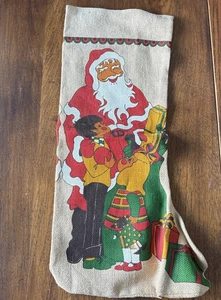 Christmas Stocking Santa Claus Gift Kids Ivory Red Green Burlap - Picture 1 of 9