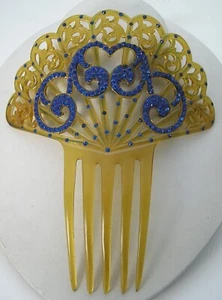Art Deco Spanish Style Butterscotch Celluloid Blue Rhinestones Peineta Hair Comb - Picture 1 of 4