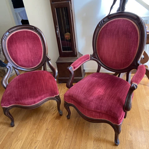 Antique Victorian Walnut Balloon Parlor Arm Chairs Dark Pink Upholstery Cover