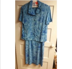 Blue floral dress & coat set; 100% silk; size 10 - Picture 1 of 5