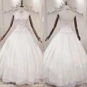 Halter Neck Wedding Dresses Sleeveless Vintage Tulle Backless 1970s Bridal Gowns - Picture 1 of 15