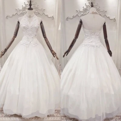 Halter Neck Wedding Dresses Sleeveless Vintage Tulle Backless 1970s Bridal Gowns - Image 1 of 4