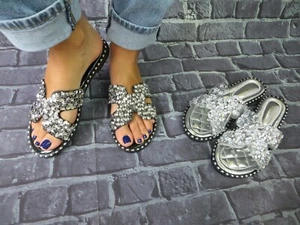 Women's Sandal "Pembroke" PU Flat Slide Slip On w/ Rhinestone - Ann More Shoes - Picture 1 of 3