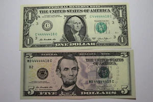 2 $1 & $5 2003 Matching Fancy Serial Numbers Federal Reserve Bank Note Bills UNC - Picture 1 of 6