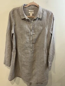 H HALSTON DRESS WOMENS SIZE LARGE 100% LINEN BEIGE GREY TUNIC POCKETS SUMMER - Picture 1 of 7