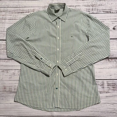 Camisa social Lacoste com botões ajuste sob medida verde amarela masculina tamanho 42 grande - Imagem 1 de 4