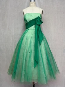Vintage 50s Strapless Green Tulle PROM Rockabilly Ruffle Sash Cupcake Dress XS/S - Picture 1 of 17