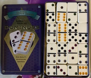 Game Tile Pressman DOUBLE 6 Coloured Dot DOMINOES 28 PIECE SET Complete Tin - Picture 1 of 8