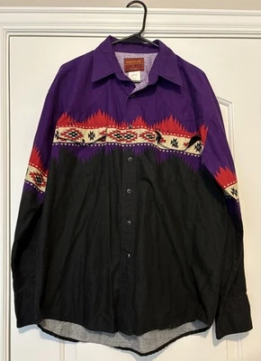 Vintage Wrangler Rustler Western Shirt Pearl Snap Cowboy Aztec 90s Blk/Prple L  - Image 1 of 4