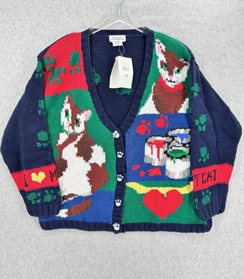 NUEVO CON ETIQUETAS DE COLECCIÓN Alexandra Bartlett Eagle’s Eye Cats Cárdigan Suéter Tejido a Mano Talla 2XL Foto 1 de 4