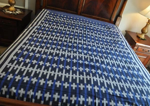 Vintage Shyam Ahuja Hand Loom Blue Patterned 100% Cotton Blanket India - Picture 1 of 18