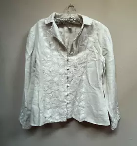 J. Jill Womens Size 12 Heavy Linen Blazer Embroidered Button Front Ivory Casual - Picture 1 of 8