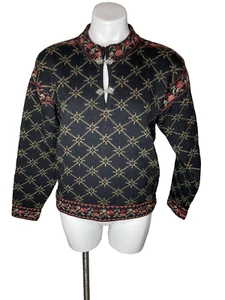 Icelandic Design Women Medium Sweater Black Nordic Fair Isle Frog Clasp Jumper - Picture 1 of 14