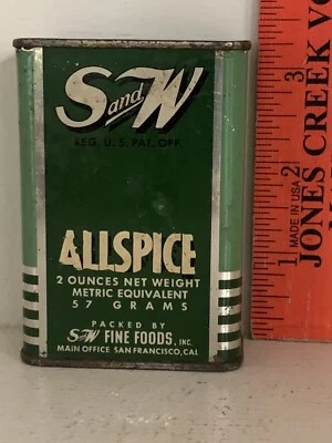Spice Tin Litho Can S and W S & W Fine Foods San Francisco Allspice Green Silver - Image 1 of 4