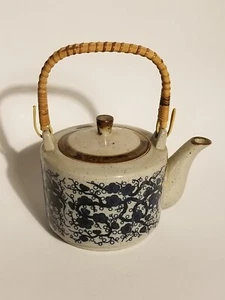 Antique Teapot Hand-Painted Japanese Blue Ceramic Lid and Wicker Handle - Picture 1 of 8