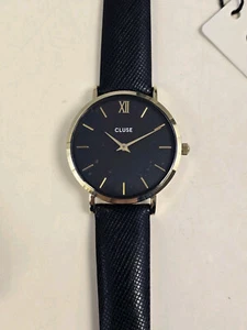 CLUSE Women's Quartz Watch Minuit Black Leather Strap Gold Case Black Dial NWT - Picture 1 of 8