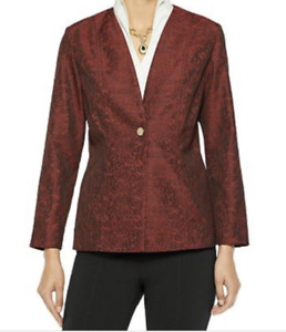 Misook Jacket Womens Large Red Career Stretch Textured 2 Tone Gold Button NEW