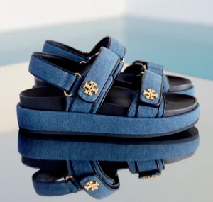 TORY BURCH KIRA SPORT SANDAL DENIM NEW NAVY GOLD-TONE DOUBLE-T SZ US 9.5 *RARE* - Picture 1 of 20