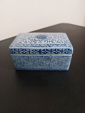 Vintage Blue & White Porcelain Trinket Box Rectangle w/ Floral Pattern