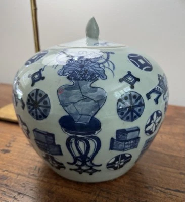 Antique Canton Chinese Qing Celadon Ginger Jar w/Lid - Image 1 of 4