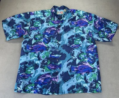 Hilo Hattie Men’s Hawaiian Silk Camp Shirt Large Blue Fish Art Tropical Beach - Image 1 of 4