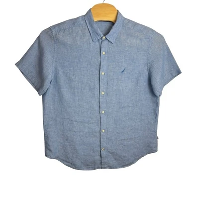 Nautica Chambray Blue Short Sleeve 100% Linen Button Up Shirt XL Casual Coastal - Image 1 of 4