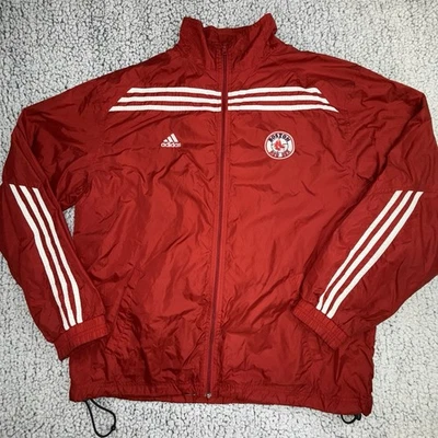 Jaqueta de beisebol vintage Adidas Boston Red Sox MLB vermelha corta-vento L listra branca - Imagem 1 de 4