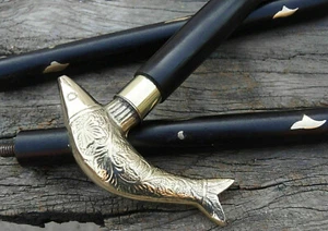 Solid Brass Fish Head Handle black 3 fold Wooden Walking Stick Shaft Wooden Cane - Picture 1 of 12