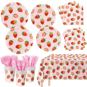 Strawberry Birthday Decorations Strawberry Party Tableware Include Plates Cup... - Picture 1 of 7