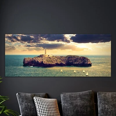 Glasbilder Wandbild Deko Bild XL 125x50 Leuchtturm Boot Meer Landschaft - Bild 1 von 4