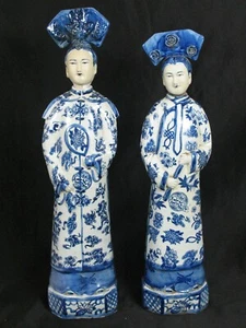 Antique Chinese Figurine Statues/Bottles Pair of Man & Woman Signed Blue & White - Picture 1 of 13