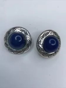 Blue Stone Clip On Earrings 1" Statement Oval Button Vintage 80's Silver Tone - Picture 1 of 6