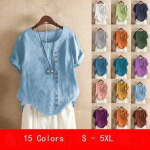 Womens Summer Short Sleeve Loose Tops Cotton Pullover T Shirts Blouse Plus Size - Picture 1 of 26