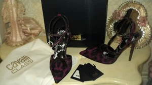 ROBERTO CAVALLI CLASS PURPLE/BLACK SNAKESKIN LEATHER/FABRIC PUMPS EU38*US7.5*UK5 - Picture 1 of 9