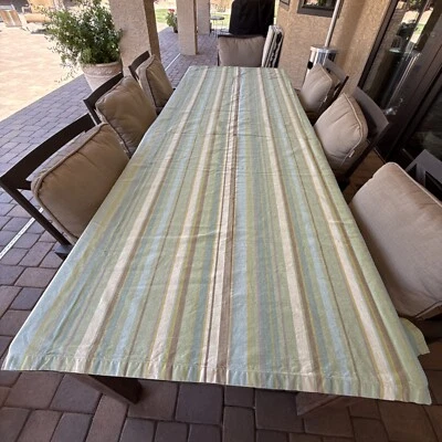 Crate & Barrel Tablecloth Kendall Stripe 60x108 Aqua Green Taupe 100% Cotton - Image 1 of 4