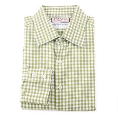 Camisa de Vestir Thomas Rosa Ajustada Hoja Verde Cuadros Algodón Cuello Extendido 17 x 36 Foto 1 de 3