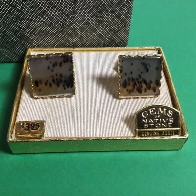 VINTAGE PAIR OF CUFFLINKS GENUINE AGATE GEMS OF NATIVE STONE MIB UNUSED GOLD - Image 1 of 4