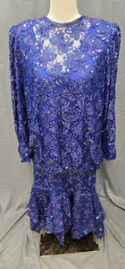 Vintage Lillie Rubin Blue Sequin Cocktail Dress Size L Drop Waist Fit Flare - Picture 1 of 3