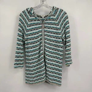 J Jill Womens Open Knit Hooded Jacket Size M Full Zip Beachy Coastal Linen Blend - Picture 1 of 8