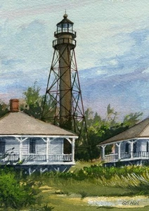 Retrato de faro de la isla de Sanibel, Florida. Impresiones en acuarela de Gerald Hill - Imagen 1 de 1