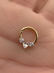 14K Gold Nose Ring Solid Yellow Gold Pear Cut CZ Hoop Hypoallergenic - Picture 1 of 9